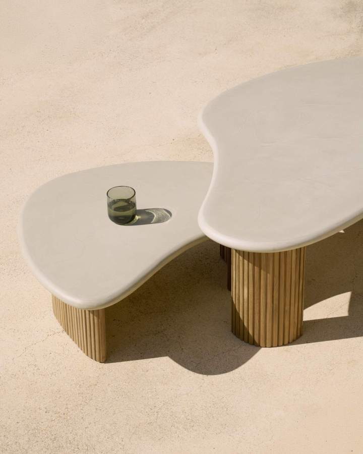 11237 11238 Boomerang outdoor coffee table concrete top reclaimed teak base pebble shape web