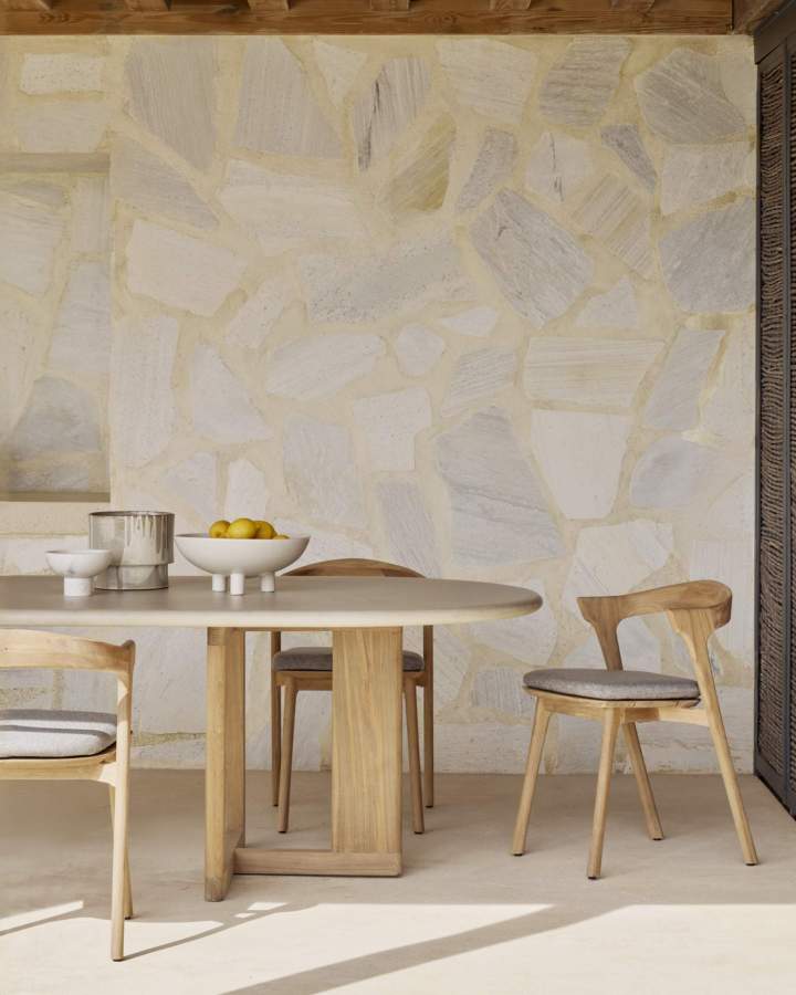 11251 Trestle Outdoor dining table concrete top reclaimed teak 10352 Bok outdoor dining chair mocha web